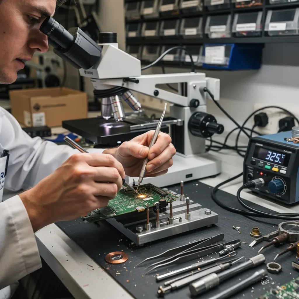Technician performing micro soldering training under a microscope on a smartphone logic board at a real repair bench