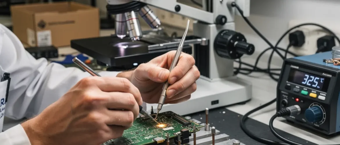 Technician performing micro soldering training under a microscope on a smartphone logic board at a real repair bench
