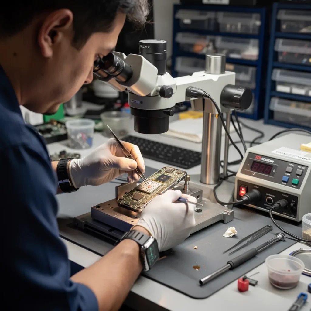 Technician performing micro soldering training under a microscope on a smartphone logic board at a real repair bench