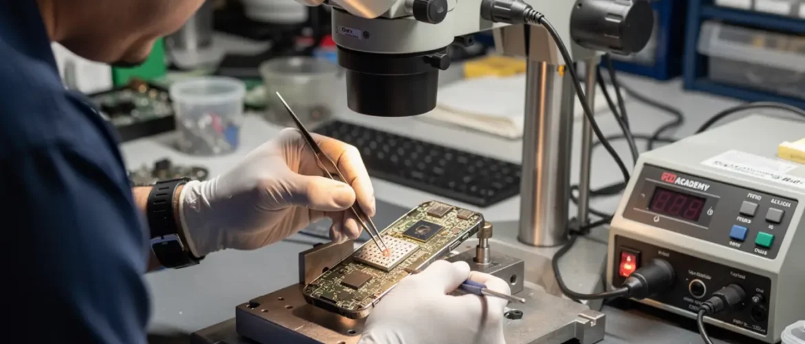 Technician performing micro soldering training under a microscope on a smartphone logic board at a real repair bench