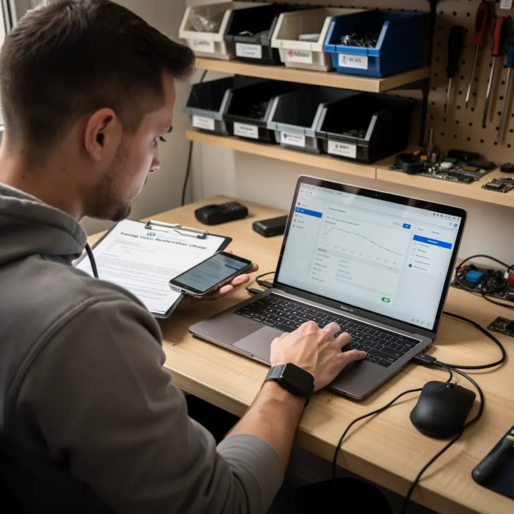 Software repair workstation showing smartphone bootloader repair course workflow with a connected smartphone and troubleshooting screen