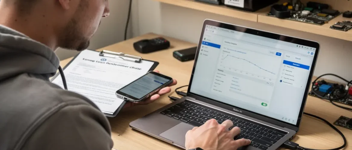 Software repair workstation showing smartphone bootloader repair course workflow with a connected smartphone and troubleshooting screen