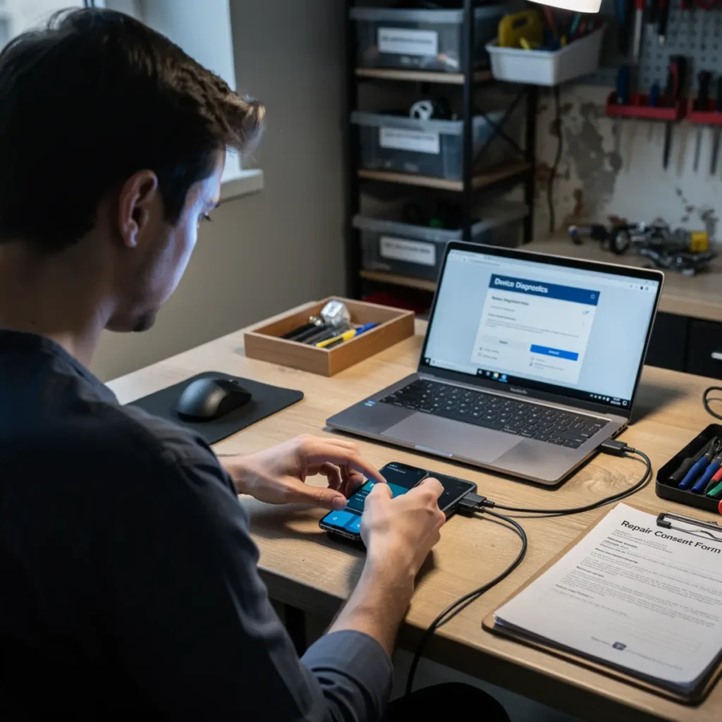 Software repair workstation showing mobile phone software course workflow with a connected smartphone and troubleshooting screen