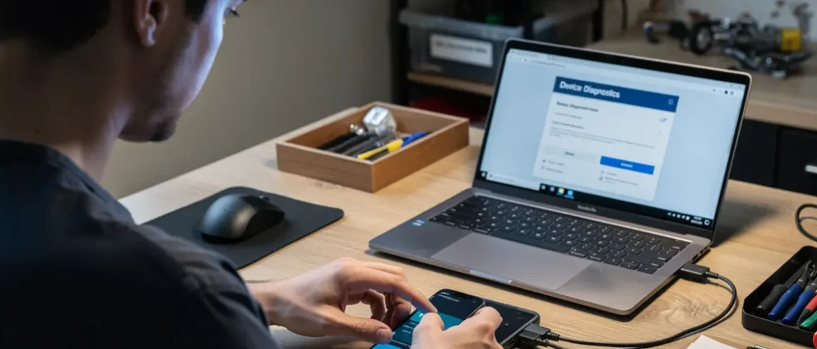Software repair workstation showing mobile phone software course workflow with a connected smartphone and troubleshooting screen