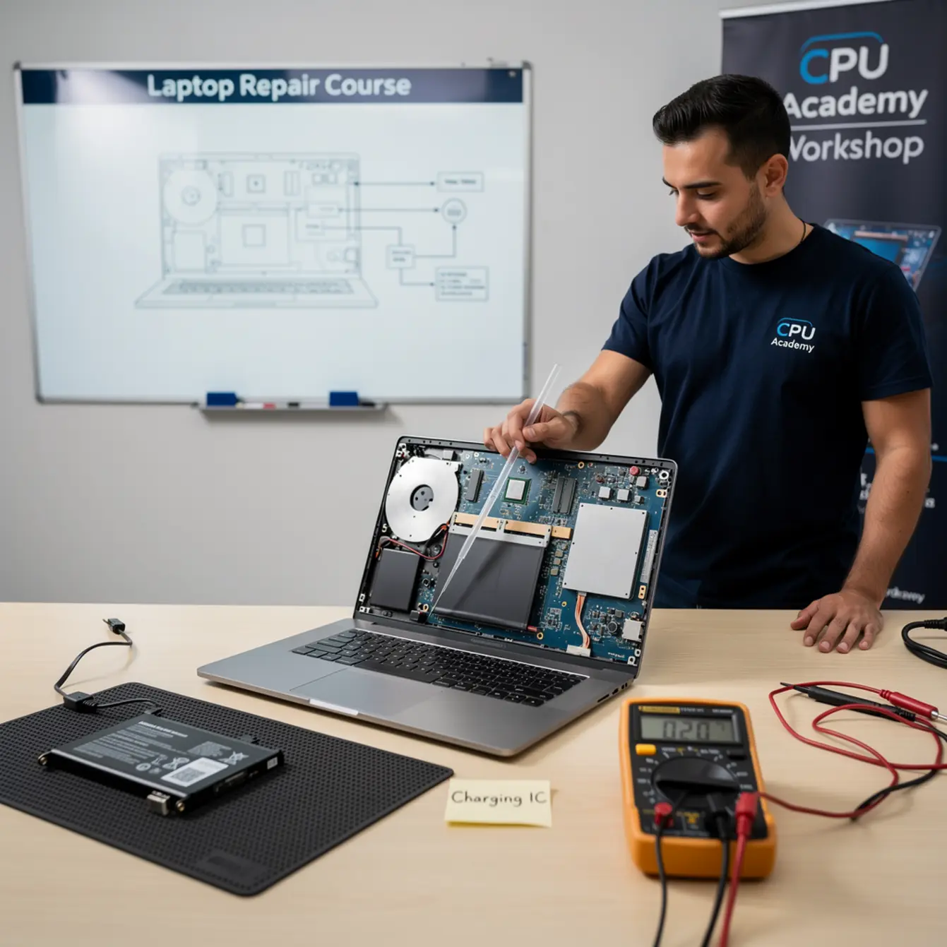 Laptop Repair Course - Charging IC vs Battery: Finding the Real Fault on a Laptop — body photo 1 showing Laptop Open Bench Repair