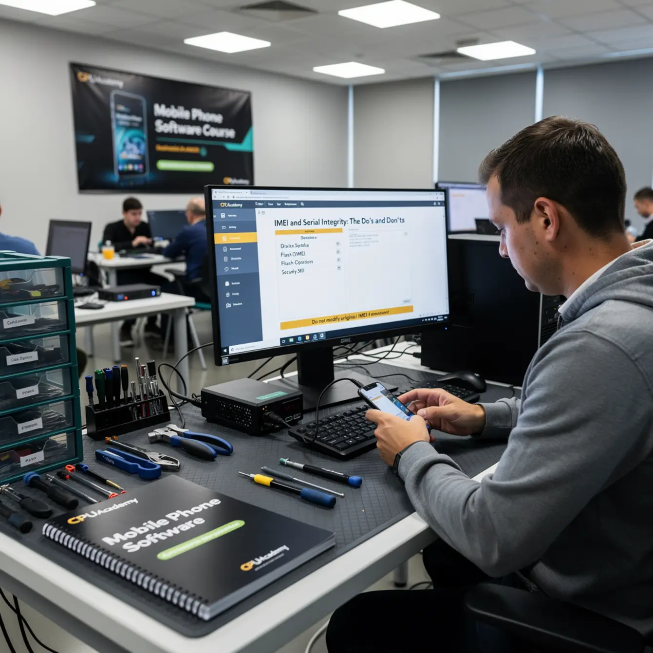 Mobile Phone Software Course - IMEI and Serial Integrity: The Do's and Don'ts — body photo 1 showing Firmware Flashing Workstation