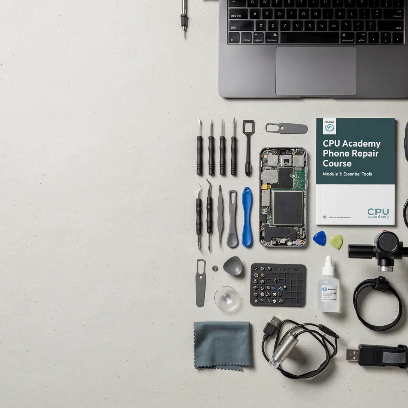 Phone Repair Course - Phone Repair Toolkit for Beginners: 15 Must-Haves Before Your First Repair — body photo 1 showing Top-Down Bench Flat Lay
