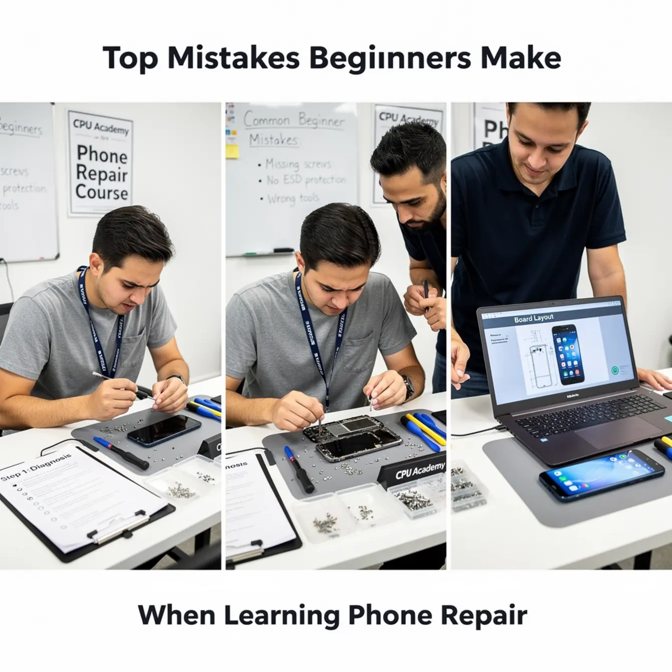 Phone Repair Course - Top Mistakes Beginners Make When Learning Phone Repair — body photo 1 showing Before / During / After 3-Frame Repair Set