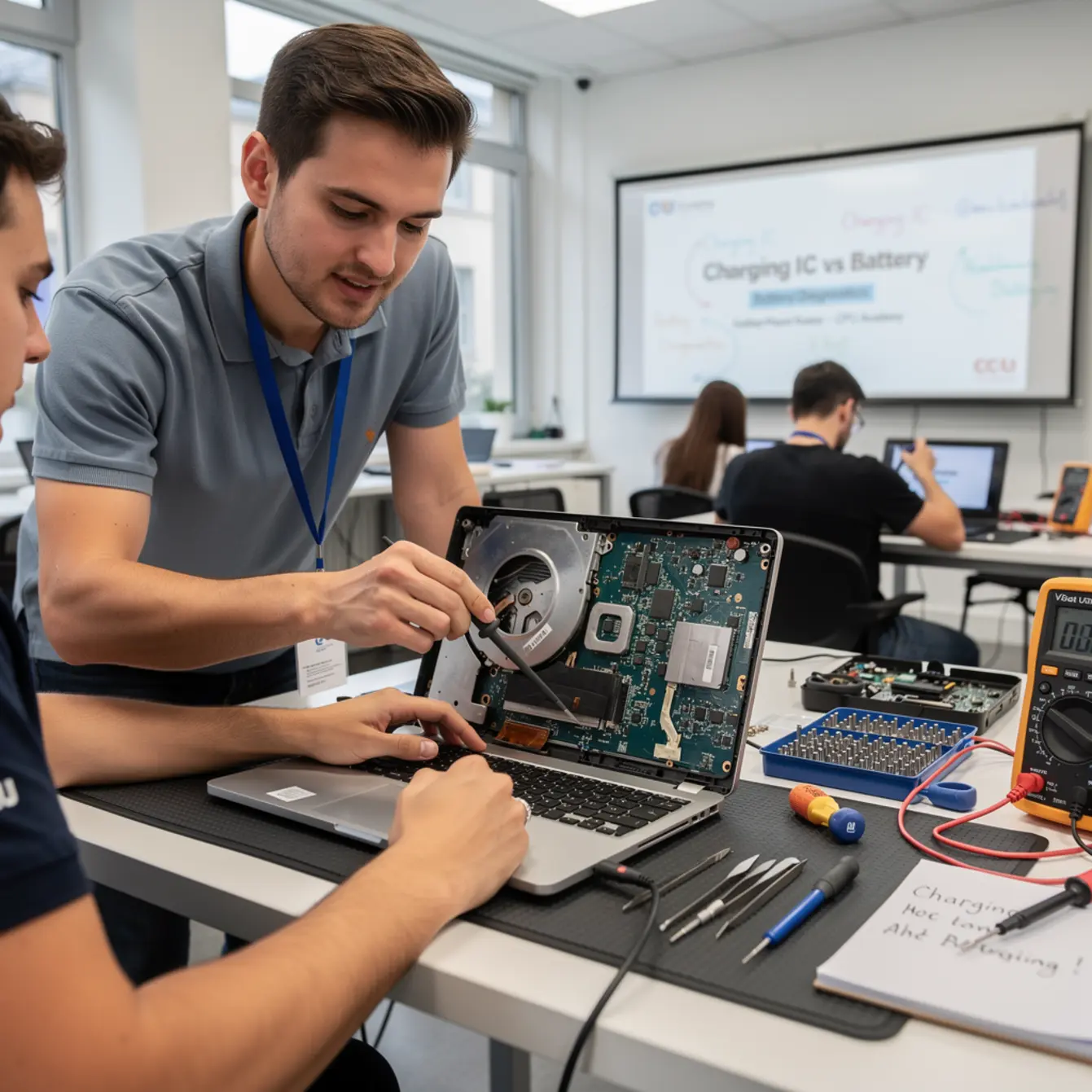 Laptop Repair Course - Charging IC vs Battery: Finding the Real Fault on a Laptop — body photo 2 showing Instructor Teaching Over Shoulder