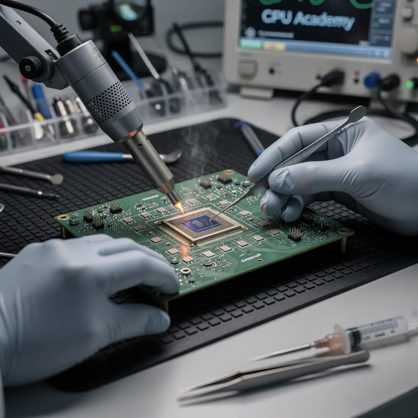 Micro Soldering Training - Connector Footprints: Alignment, Anchoring, and Solder Bridges — body photo 2 showing Hot-Air Rework Action Shot