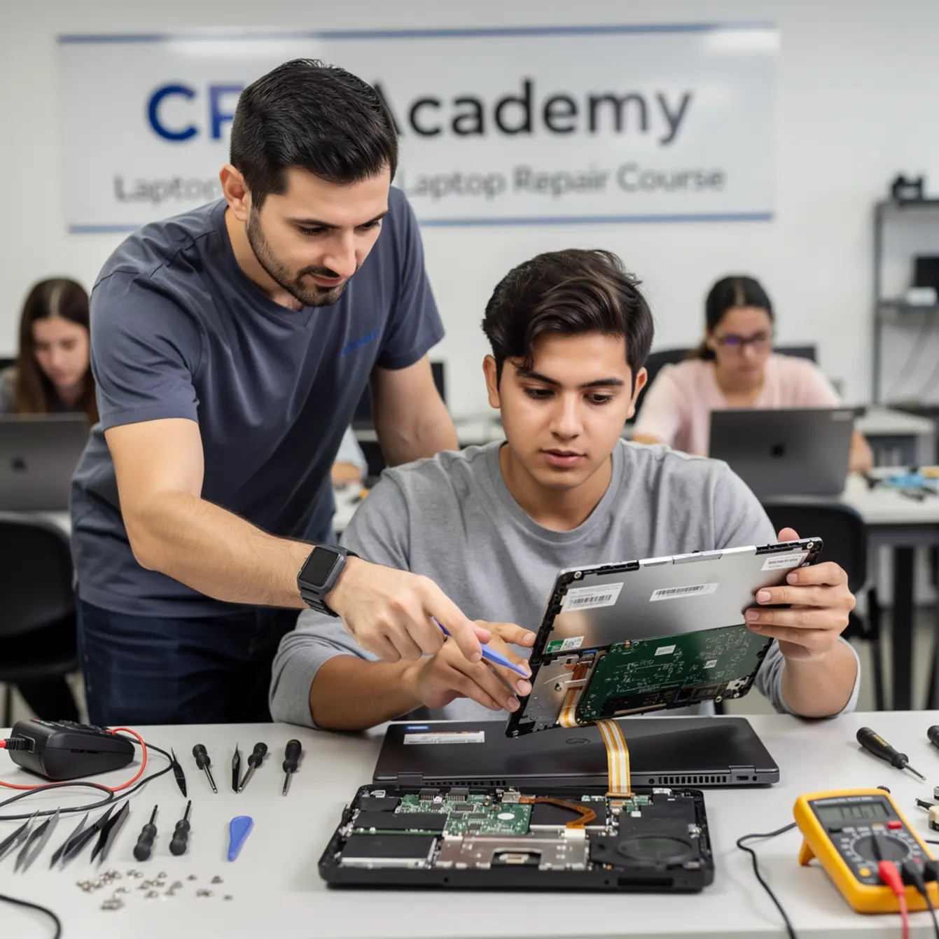 Laptop Repair Course - Display Cable and No-Backlight Issues: Where New Techs Go Wrong — body photo 2 showing Instructor Teaching Over Shoulder