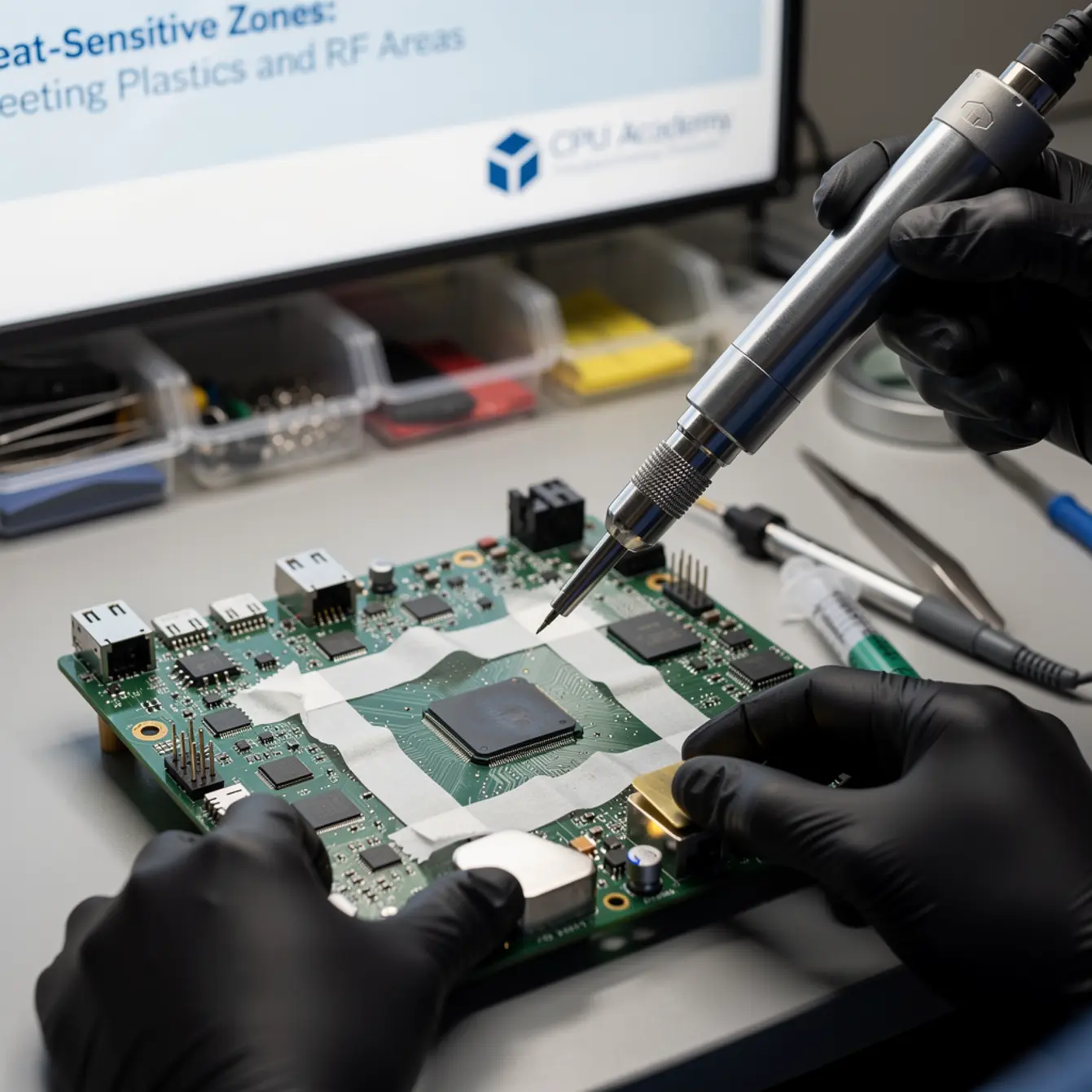 Micro Soldering Training - Heat-Sensitive Zones: Protecting Plastics and RF Areas — body photo 2 showing Hot-Air Rework Action Shot