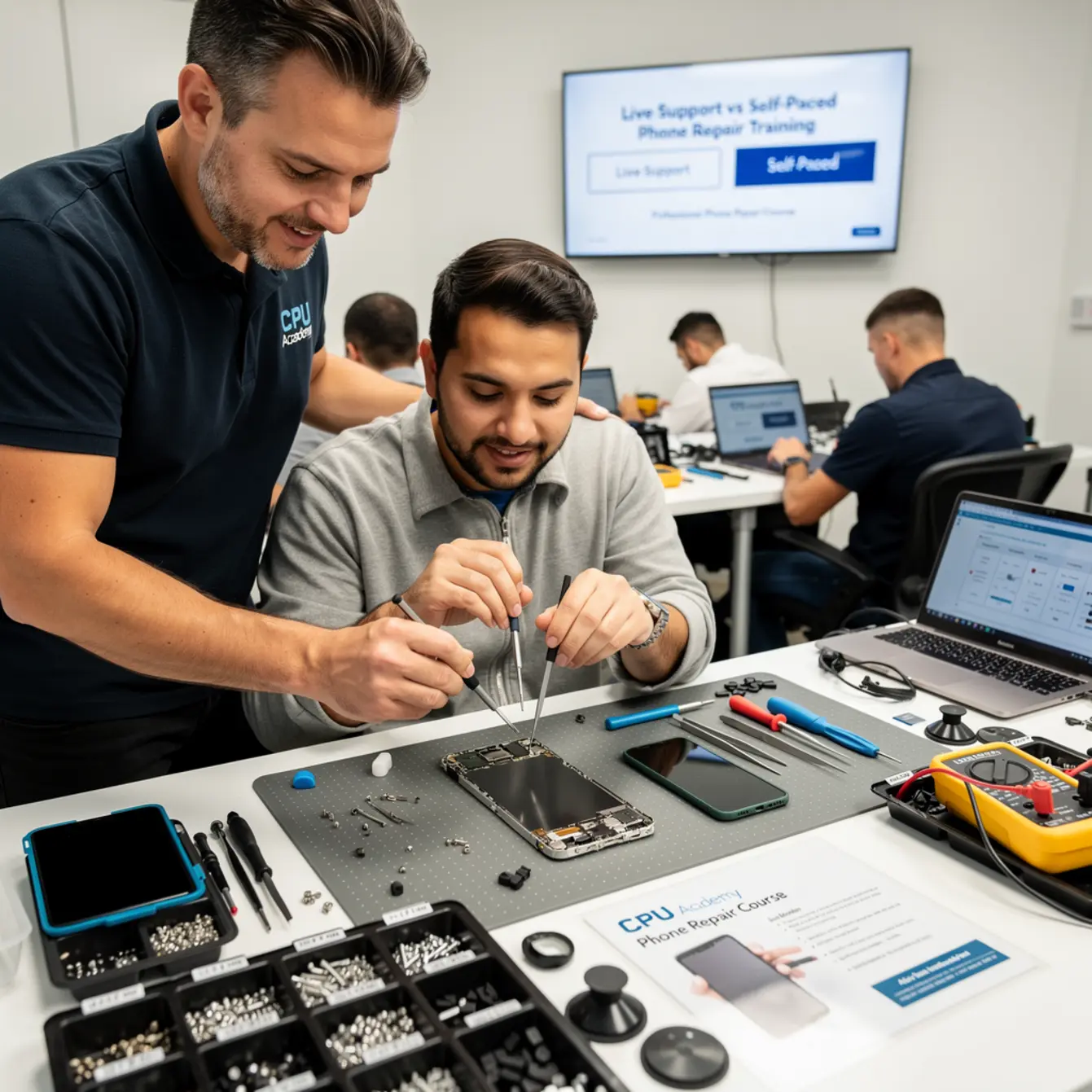 Phone Repair Course - Live Support vs Self-Paced Phone Repair Training — body photo 2 showing Instructor Teaching Over Shoulder