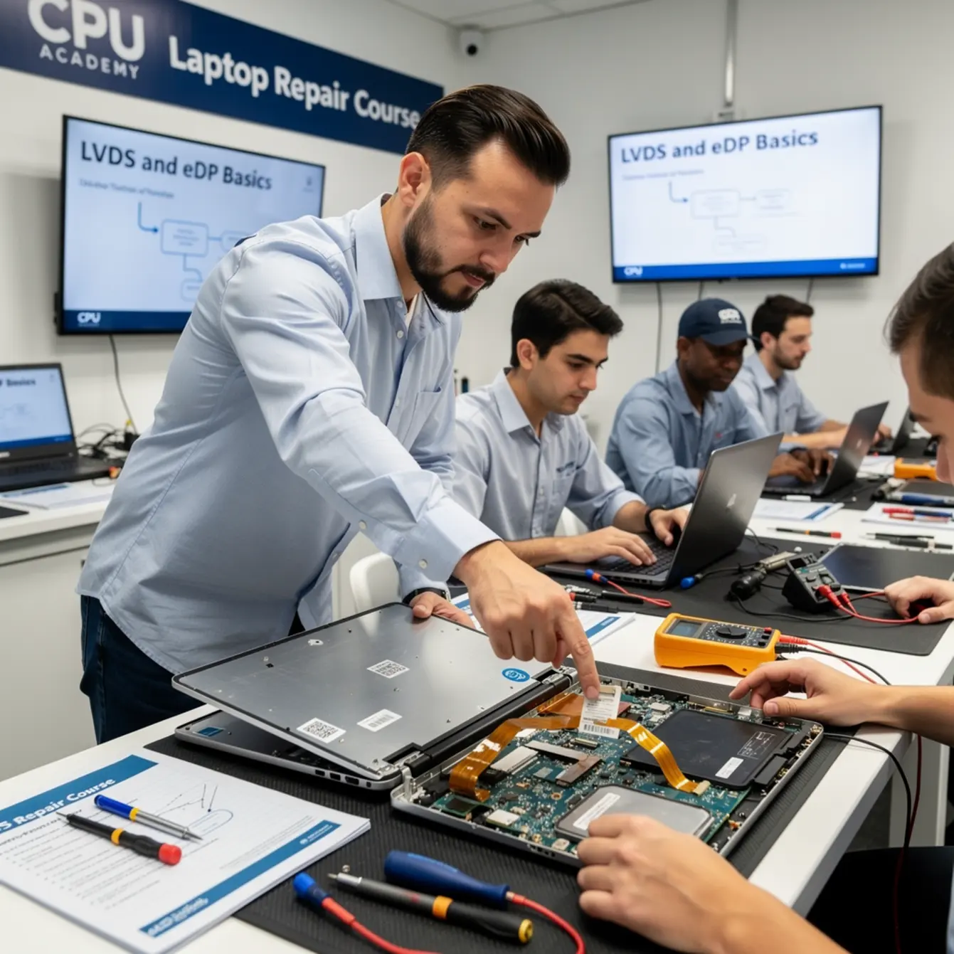 Laptop Repair Course - LVDS and eDP Basics for Technicians Who Hate Guessing — body photo 2 showing Instructor Teaching Over Shoulder