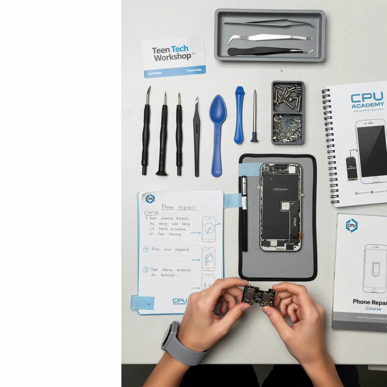 Phone Repair Course for Teenagers: Parent Guide to a Real Tech Skill — body photo 2 showing Top-Down Bench Flat Lay