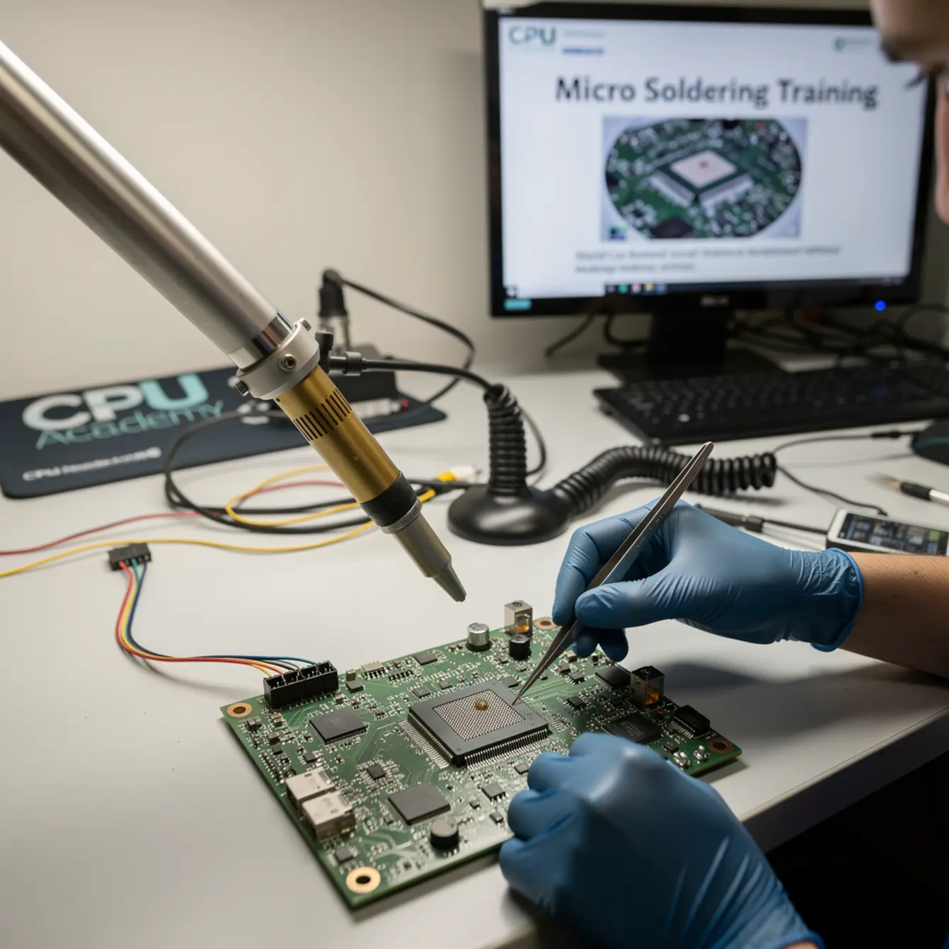 Micro Soldering Training - Shield Can Removal and Re-Attachment Without Making a Mess — body photo 2 showing Hot-Air Rework Action Shot