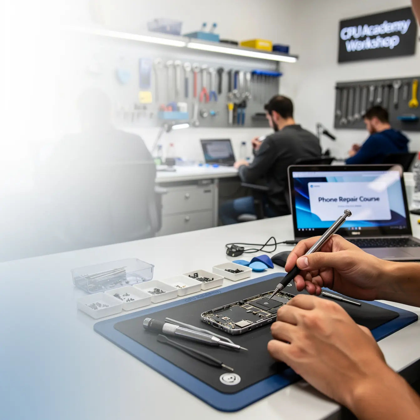 Phone Repair Course - Top Mistakes Beginners Make When Learning Phone Repair — body photo 2 showing Wide Repair Bench Hero