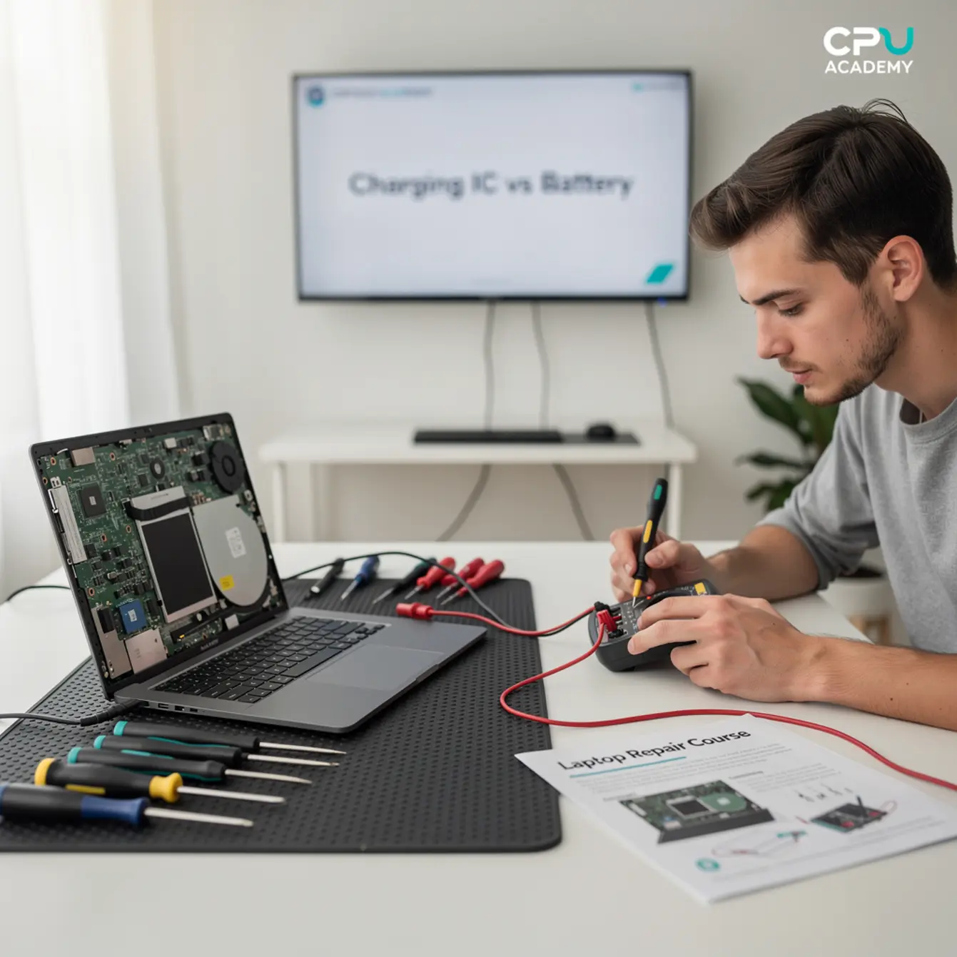 Laptop Repair Course - Charging IC vs Battery: Finding the Real Fault on a Laptop — body photo 3 showing Clean Light Desk Background
