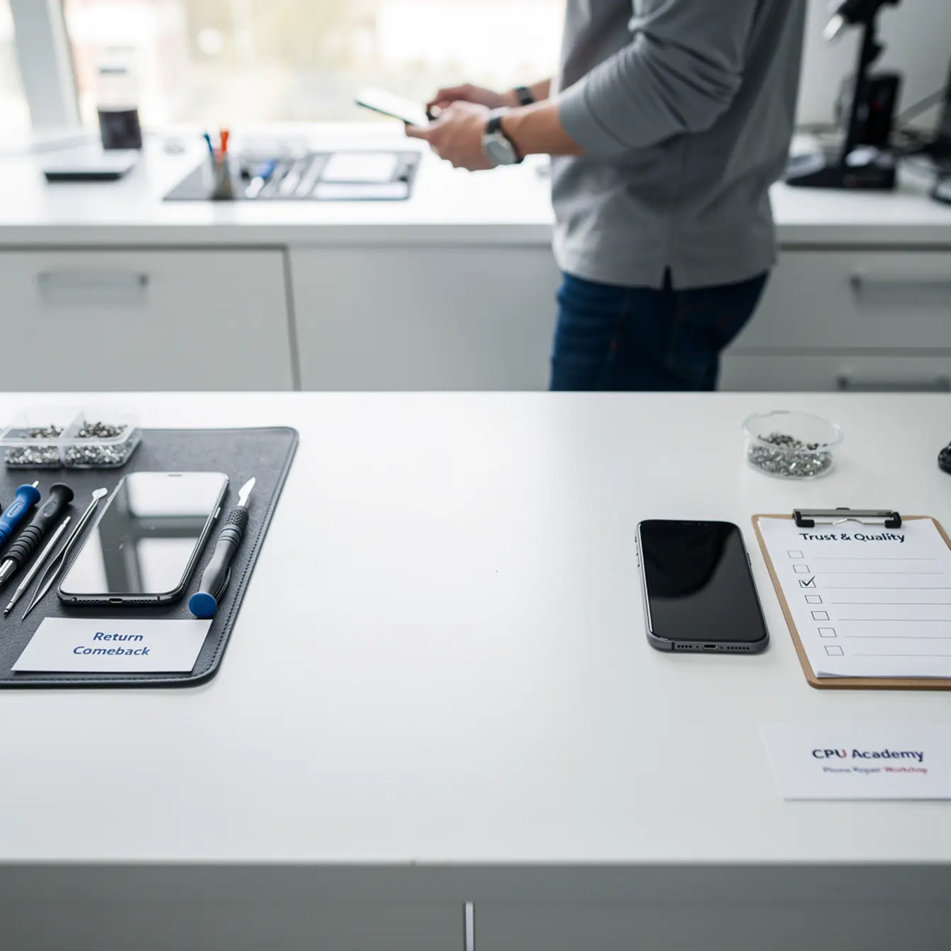 Start Phone Repair Business - Handling Returns and Comebacks Without Losing Trust — body photo 3 showing Clean Light Desk Background