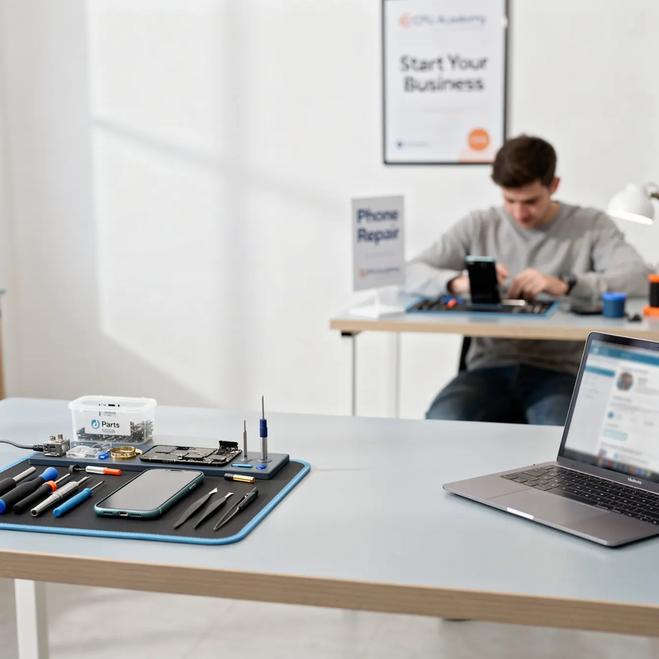 Start Phone Repair Business - Holiday Promotions That Actually Work for Repair Businesses — body photo 3 showing Clean Light Desk Background