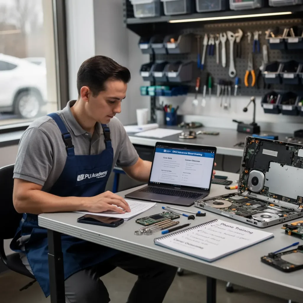 Laptop repair bench illustrating charging ic vs battery: finding the real fault on a laptop with open device, tools, and realistic technician workflow