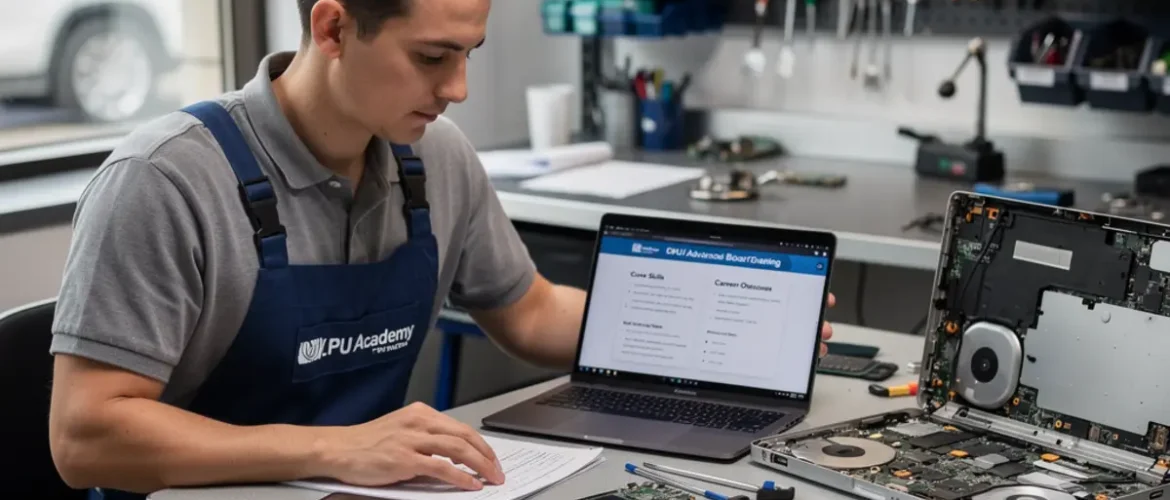 Laptop repair bench illustrating charging ic vs battery: finding the real fault on a laptop with open device, tools, and realistic technician workflow