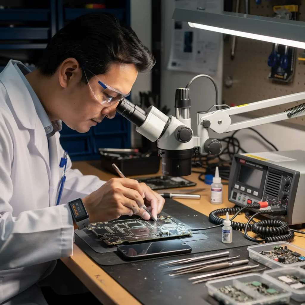 Technician performing micro soldering training under a microscope on a smartphone logic board at a real repair bench
