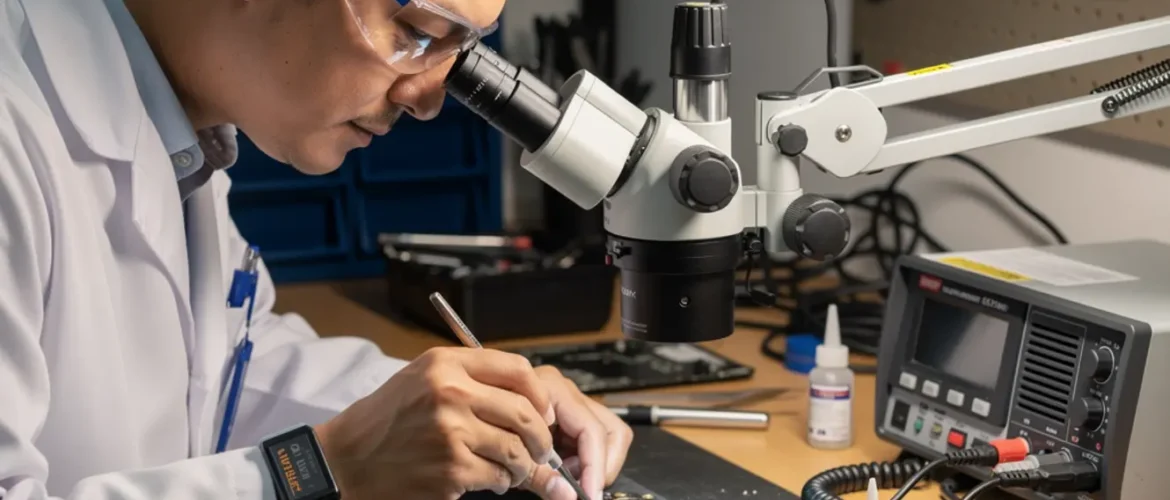 Technician performing micro soldering training under a microscope on a smartphone logic board at a real repair bench