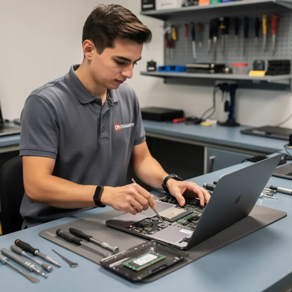 Laptop repair bench illustrating display cable and no-backlight issues: where new techs go wrong with open device, tools, and realistic technician workflow