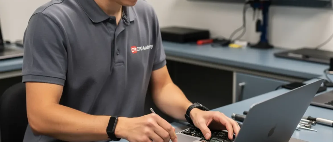 Laptop repair bench illustrating display cable and no-backlight issues: where new techs go wrong with open device, tools, and realistic technician workflow