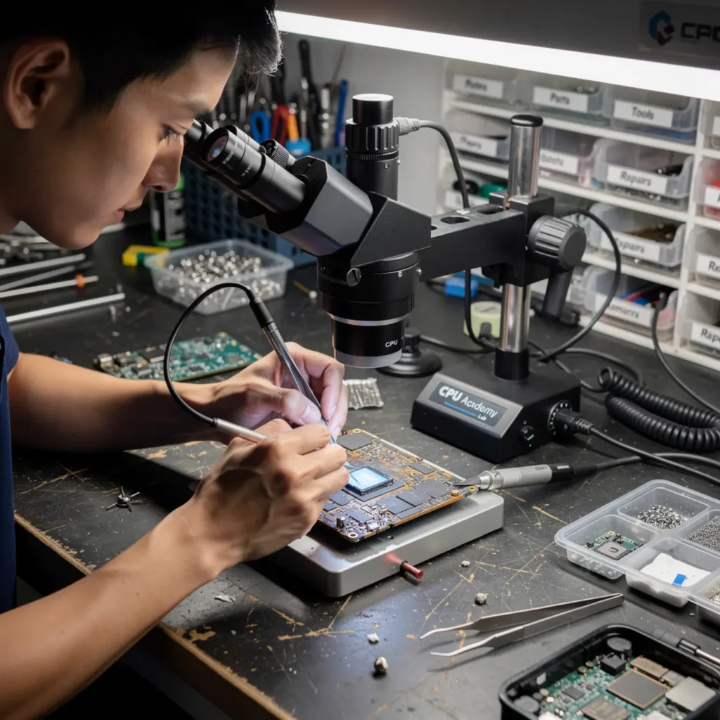 Technician performing micro soldering training under a microscope on a smartphone logic board at a real repair bench