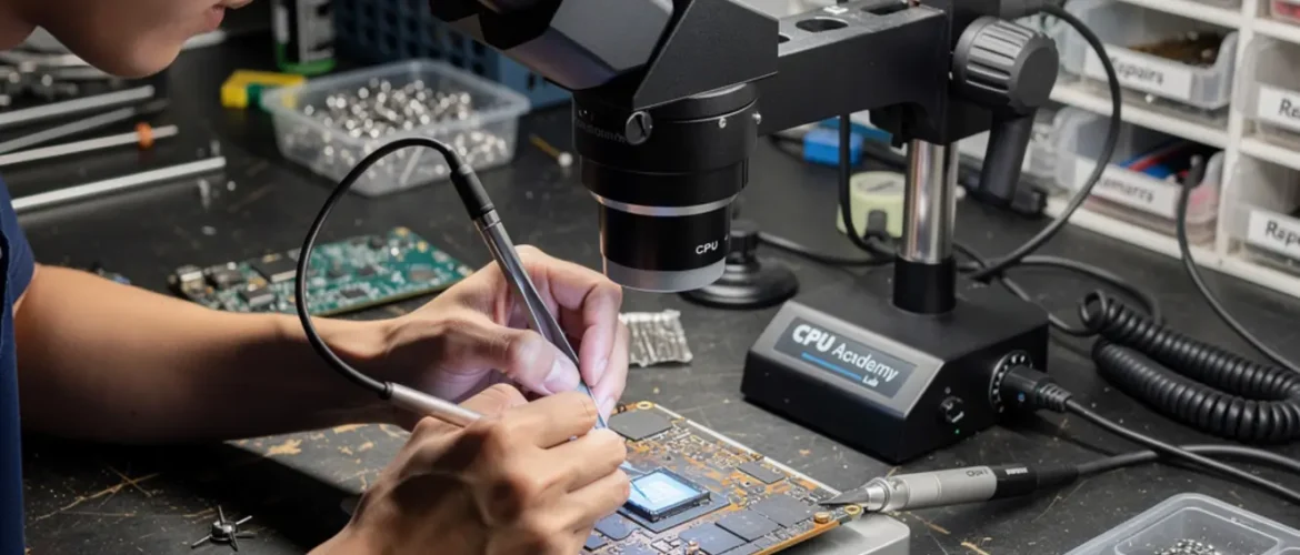 Technician performing micro soldering training under a microscope on a smartphone logic board at a real repair bench