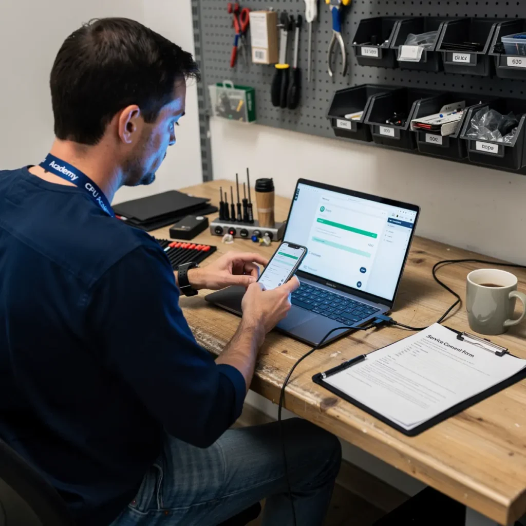 Software repair workstation showing mobile phone software course workflow with a connected smartphone and troubleshooting screen