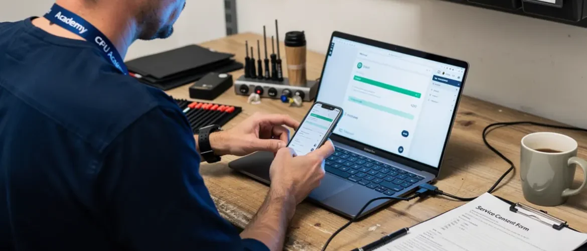 Software repair workstation showing mobile phone software course workflow with a connected smartphone and troubleshooting screen