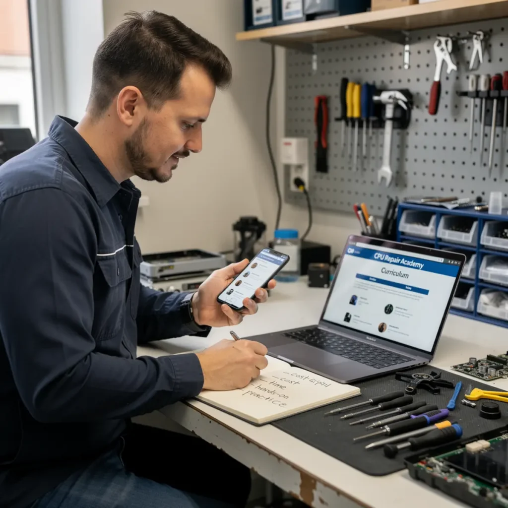 Phone repair training scene illustrating live support vs self-paced phone repair training with real devices, tools, and hands-on learning context