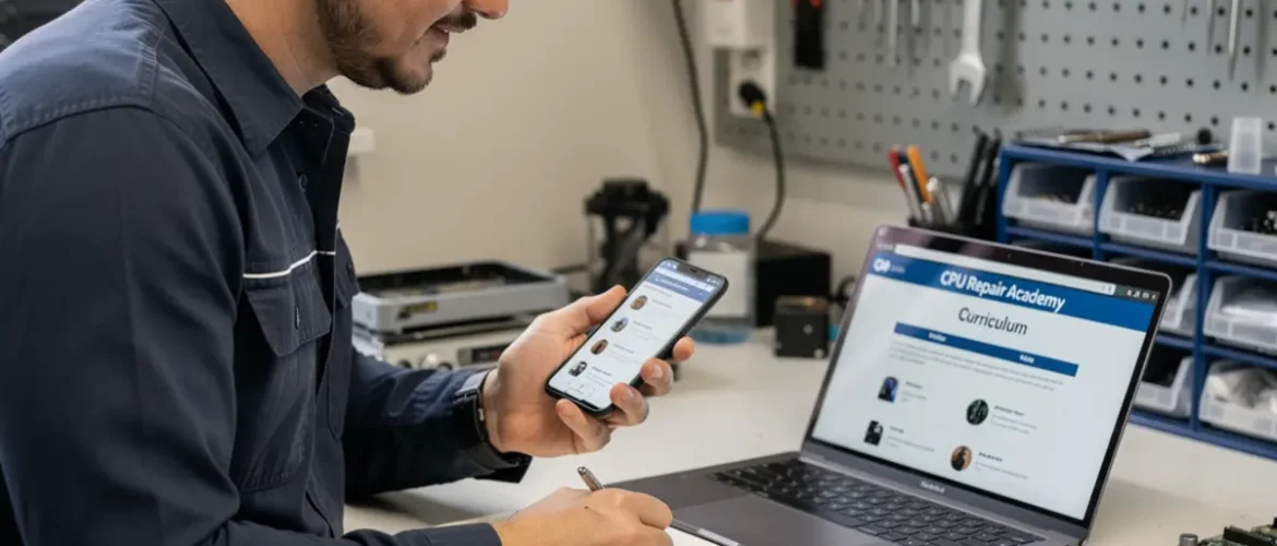 Phone repair training scene illustrating live support vs self-paced phone repair training with real devices, tools, and hands-on learning context