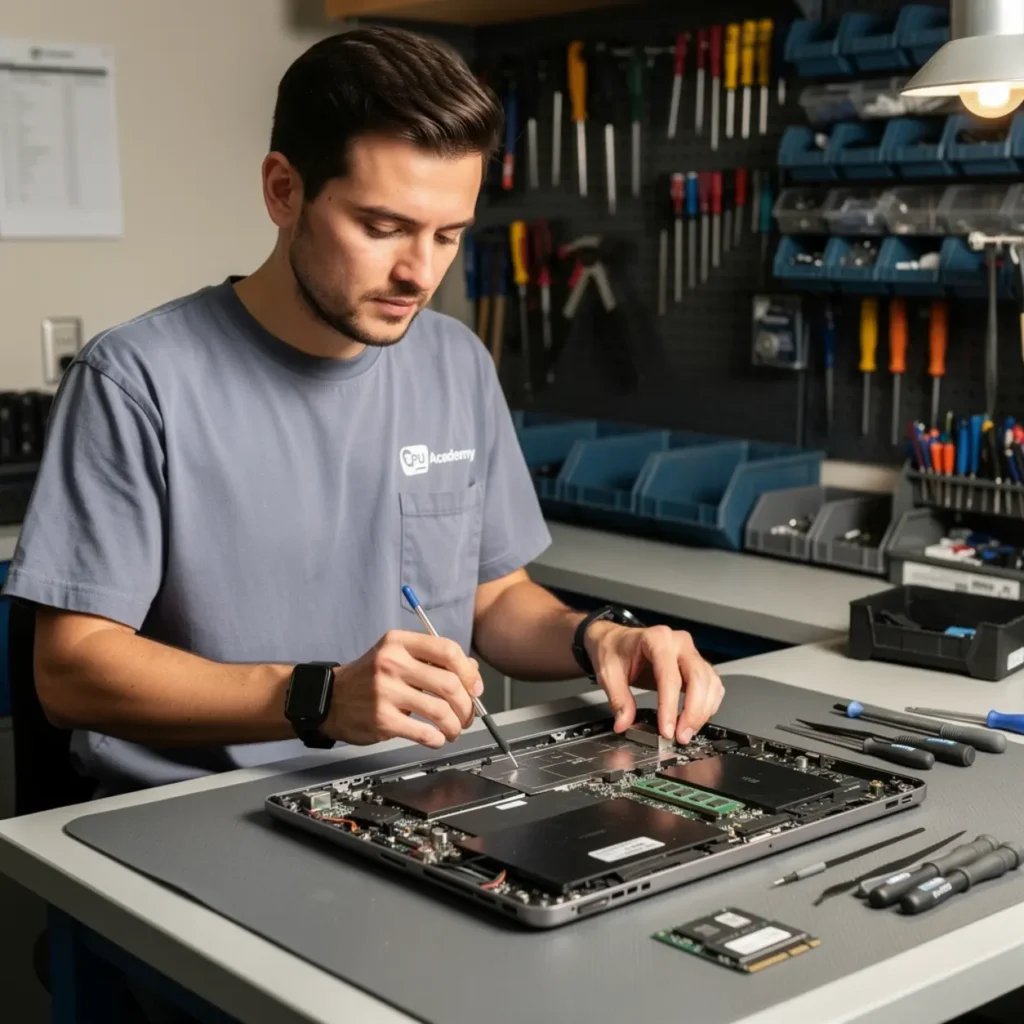 Laptop repair bench illustrating lvds and edp basics for technicians who hate guessing with open device, tools, and realistic technician workflow