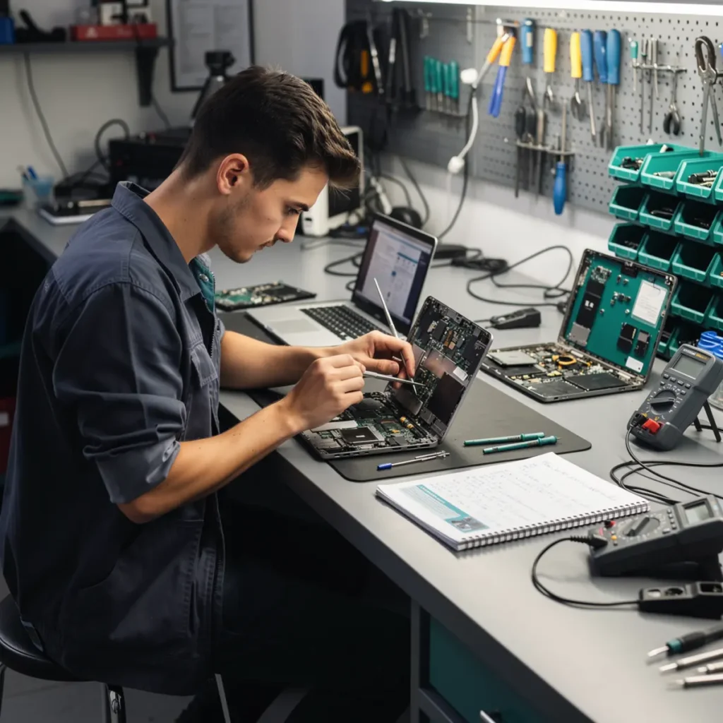 Phone repair training scene illustrating phone repair course for teenagers: parent guide to a real tech skill with real devices, tools, and hands-on learning context