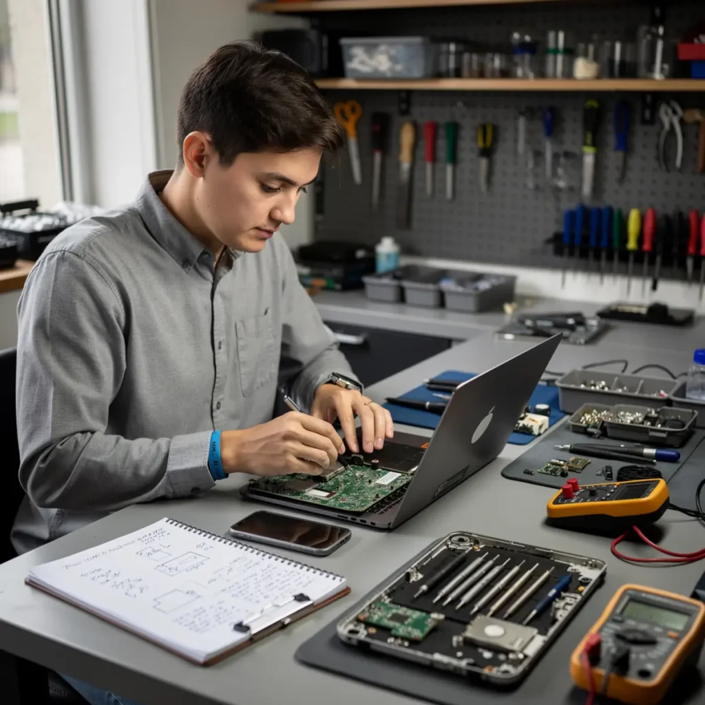 Phone repair training scene illustrating phone repair toolkit for beginners: 15 must-haves before your first repair with real devices, tools, and hands-on learning context