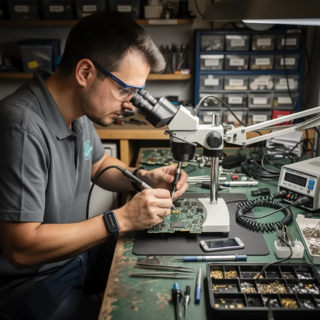 Technician performing micro soldering training under a microscope on a smartphone logic board at a real repair bench