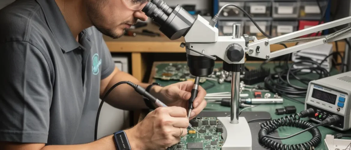Technician performing micro soldering training under a microscope on a smartphone logic board at a real repair bench
